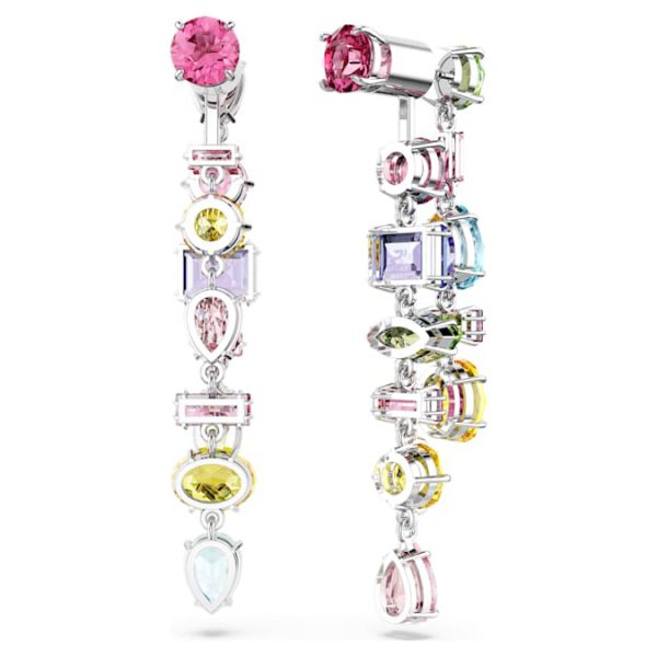 Gema drop earrings Asymmetrical design, Mixed cuts, Long, Multicolored, Rhodium plated - Image 5