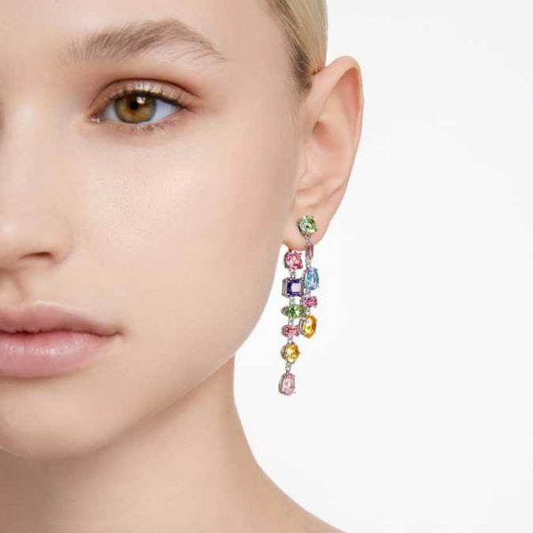 Gema drop earrings Asymmetrical design, Mixed cuts, Long, Multicolored, Rhodium plated - Image 6