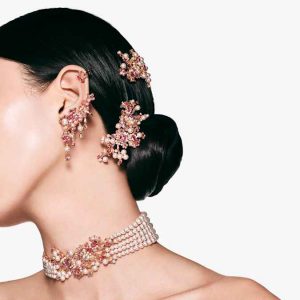 Gema hair clip Crystal pearl, Mixed cuts, Flower, Pink, Gold-tone plated