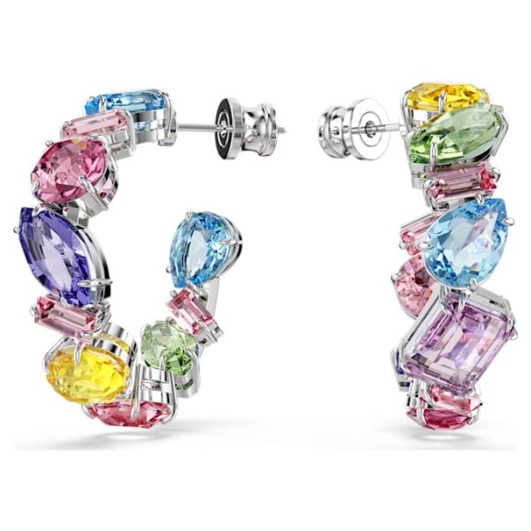 Gema hoop earrings Asymmetrical design, Mixed cuts, Small, Multicolored, Rhodium plated - Image 2