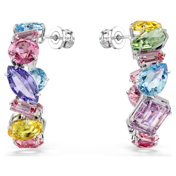 Gema hoop earrings Asymmetrical design, Mixed cuts, Small, Multicolored, Rhodium plated - Image 3