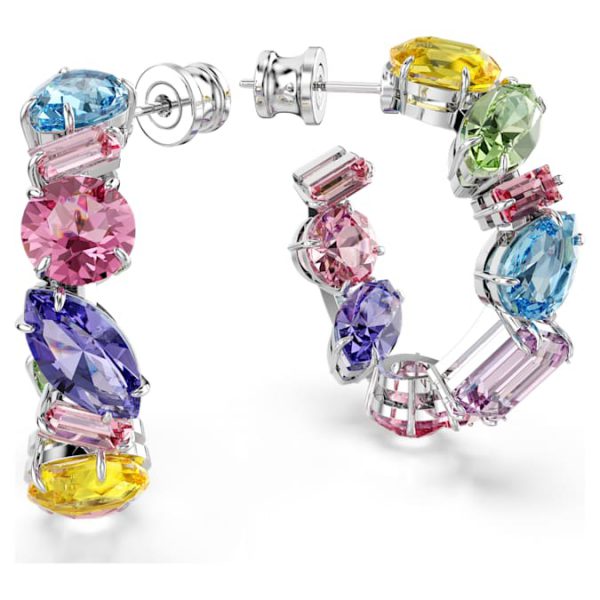 Gema hoop earrings Asymmetrical design, Mixed cuts, Small, Multicolored, Rhodium plated - Image 4
