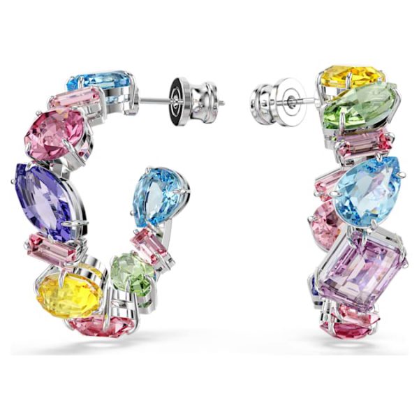 Gema hoop earrings Asymmetrical design, Mixed cuts, Small, Multicolored, Rhodium plated - Image 6
