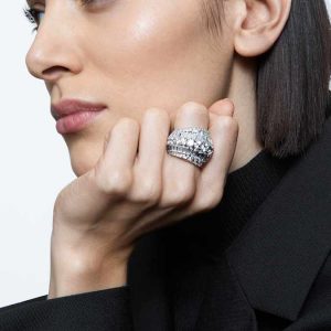 Hyperbola cocktail ring Mixed cuts, White, Rhodium plated