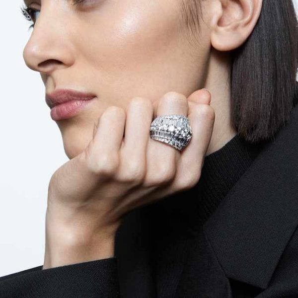 Hyperbola cocktail ring Mixed cuts, White, Rhodium plated