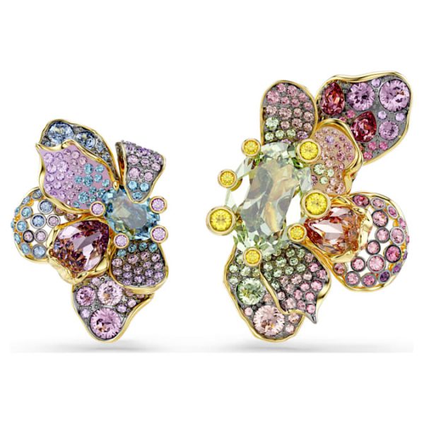 Idyllia clip earrings Asymmetrical design, Mixed cuts, Pavé, Flower, Multicolored, Gold-tone plated - Image 3