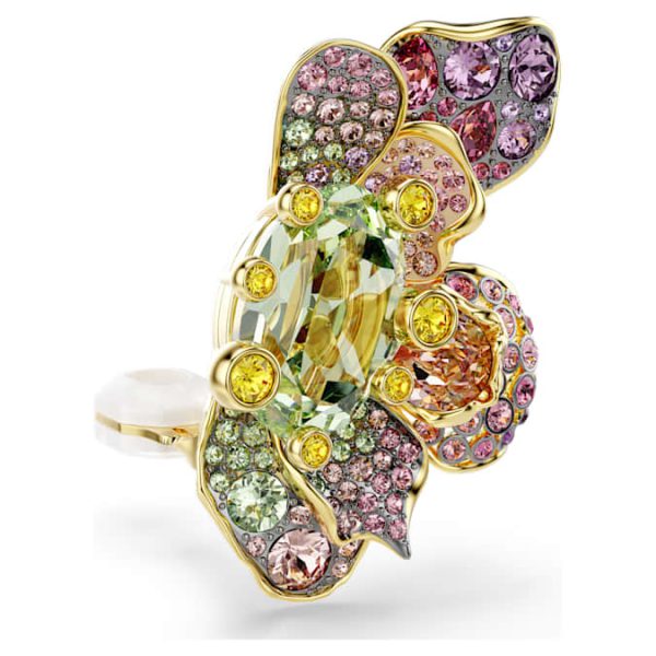 Idyllia clip earrings Asymmetrical design, Mixed cuts, Pavé, Flower, Multicolored, Gold-tone plated - Image 4