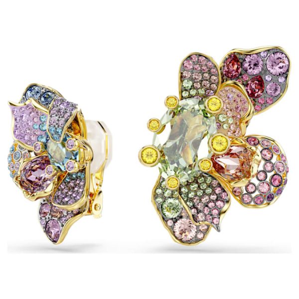Idyllia clip earrings Asymmetrical design, Mixed cuts, Pavé, Flower, Multicolored, Gold-tone plated - Image 2