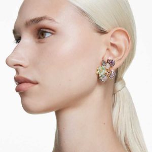 Idyllia clip earrings Asymmetrical design, Mixed cuts, Pavé, Flower, Multicolored, Gold-tone plated