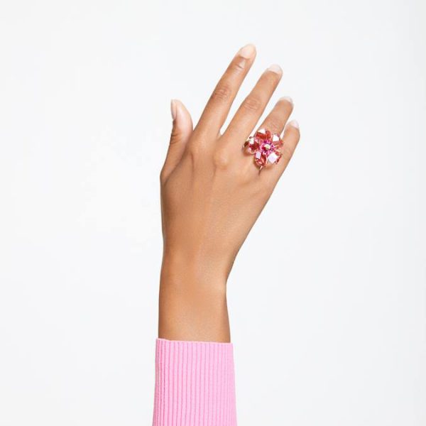 Idyllia cocktail ring Flower, Pink, Gold-tone plated