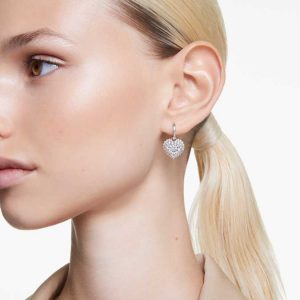Idyllia drop earrings Crystal pearl, Heart, White, Rhodium plated