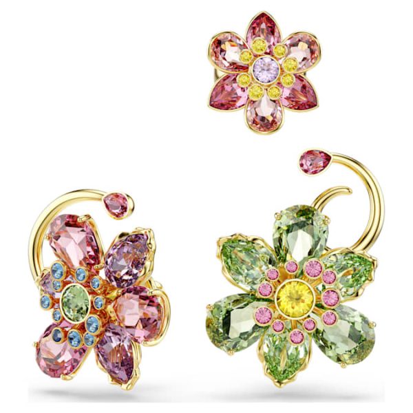 Idyllia ear cuff Set (3), Asymmetrical design, Mixed cuts, Flower, Multicolored, Gold-tone plated - Image 3