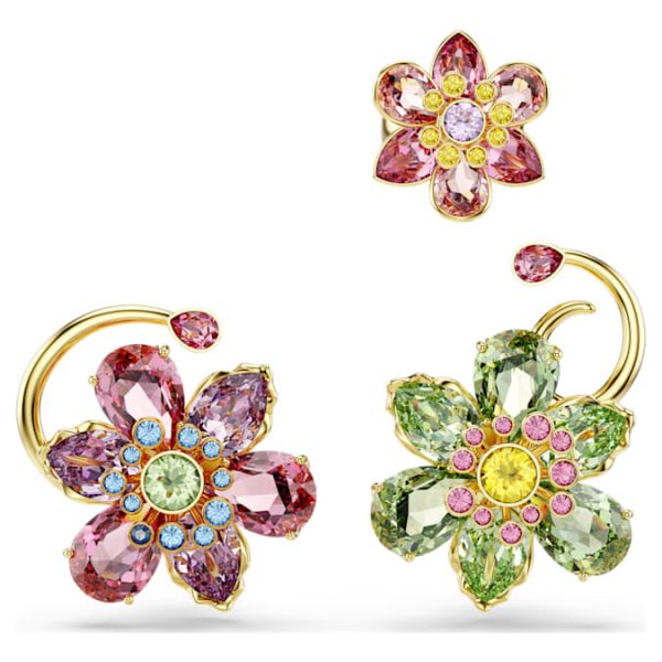 Idyllia ear cuff Set (3), Asymmetrical design, Mixed cuts, Flower, Multicolored, Gold-tone plated - Image 2