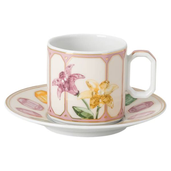Idyllia espresso cup with saucer Porcelain, Crystal print motif, Citron, Multicolored