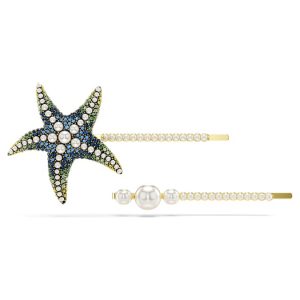 Idyllia hair pin Set (2), Crystal pearls, Starfish, Multicolored, Gold-tone plated