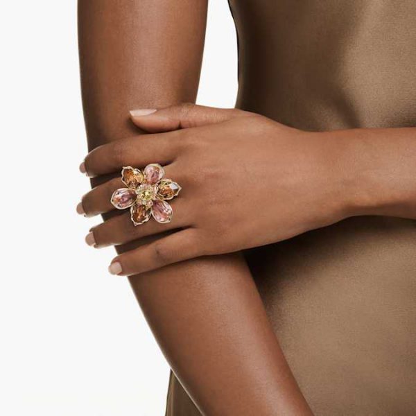 Idyllia motif ring Mixed cuts, Flower, Multicolored, Gold-tone plated