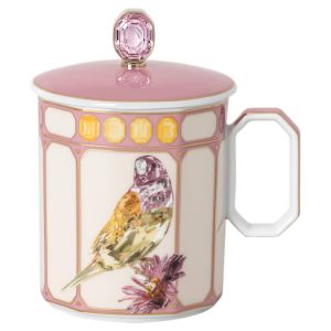 Idyllia mug Porcelain, Crystal print motif, Finch, Pink