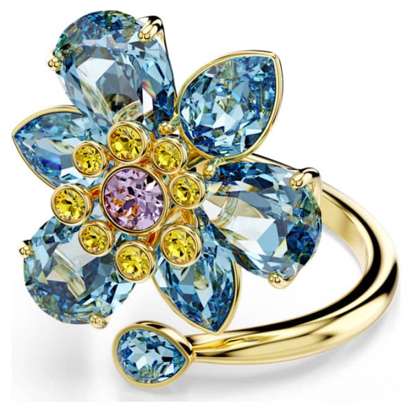 Idyllia open ring Mixed cuts, Flower, Blue, Gold-tone plated - Image 7
