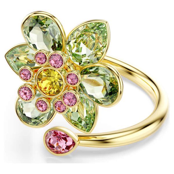 Idyllia open ring Mixed cuts, Flower, Green, Gold-tone plated - Image 2