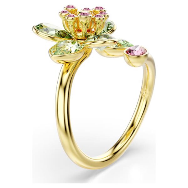 Idyllia open ring Mixed cuts, Flower, Green, Gold-tone plated - Image 3
