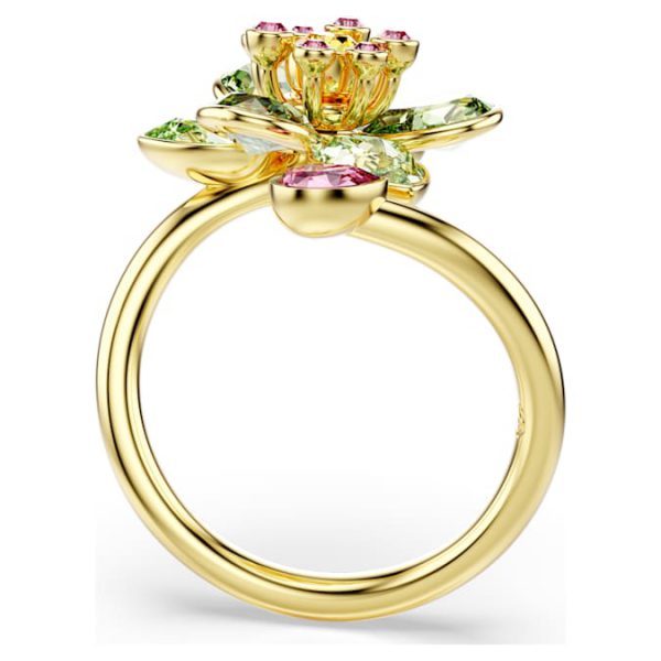 Idyllia open ring Mixed cuts, Flower, Green, Gold-tone plated - Image 4