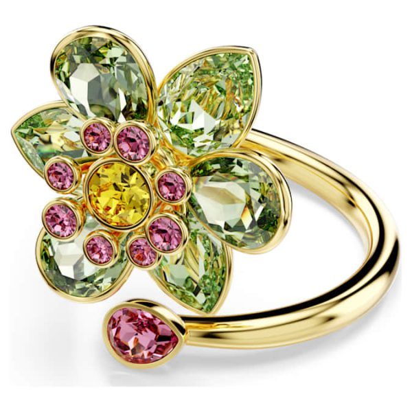 Idyllia open ring Mixed cuts, Flower, Green, Gold-tone plated - Image 7