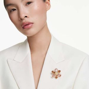 Idyllia pendant and brooch Mixed cuts, Flower, Multicolored, Gold-tone plated