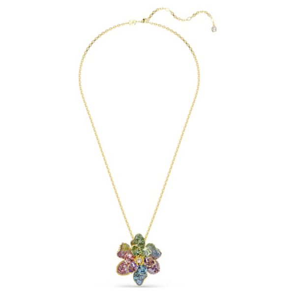 Idyllia pendant and brooch Mixed cuts, Pavé, Flower, Multicolored, Gold-tone plated - Image 3