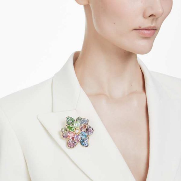 Idyllia pendant and brooch Mixed cuts, Pavé, Flower, Multicolored, Gold-tone plated - Image 6