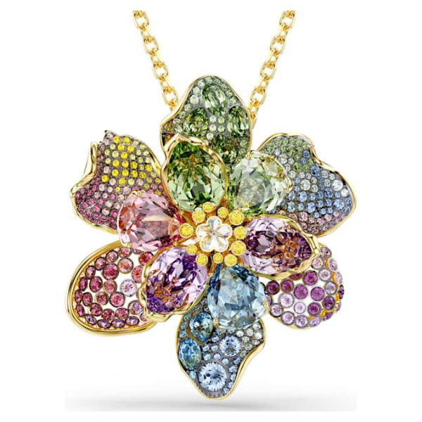 Idyllia pendant and brooch Mixed cuts, Pavé, Flower, Multicolored, Gold-tone plated - Image 8