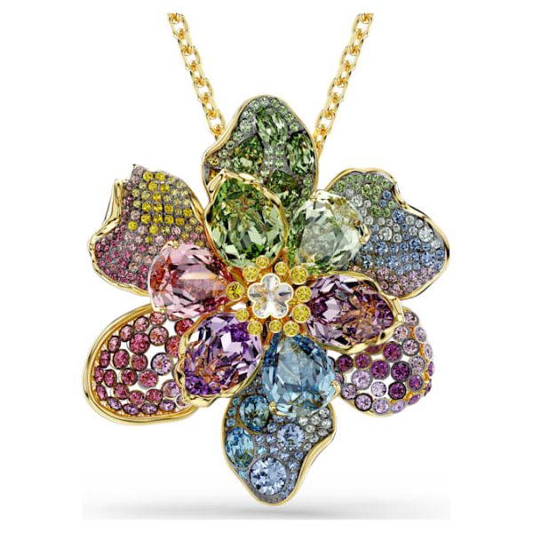 Idyllia pendant and brooch Mixed cuts, Pavé, Flower, Multicolored, Gold-tone plated - Image 2