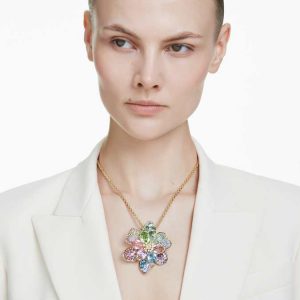 Idyllia pendant and brooch Mixed cuts, Pavé, Flower, Multicolored, Gold-tone plated