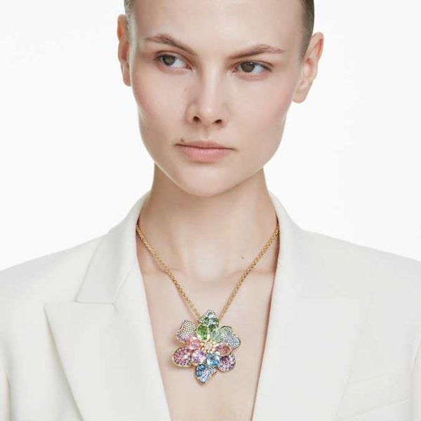 Idyllia pendant and brooch Mixed cuts, Pavé, Flower, Multicolored, Gold-tone plated