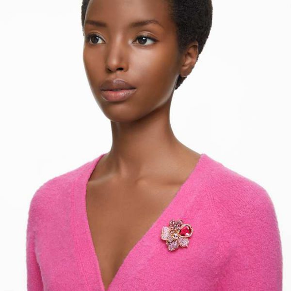 Idyllia pendant and brooch Pavé, Flower, Pink, Gold-tone plated - Image 6
