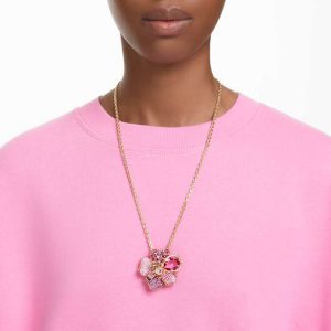Idyllia pendant and brooch Pavé, Flower, Pink, Gold-tone plated