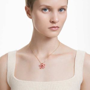 Idyllia pendant Flower, Small, Pink, Gold-tone plated