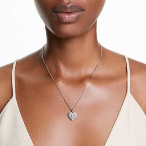 Idyllia pendant Heart, White, Rhodium plated