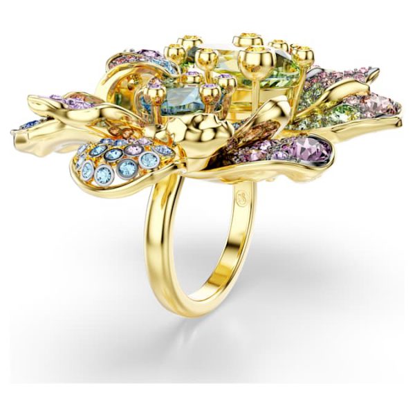 Idyllia ring Mixed cuts, Pavé, Flower, Multicolored, Gold-tone plated - Image 3