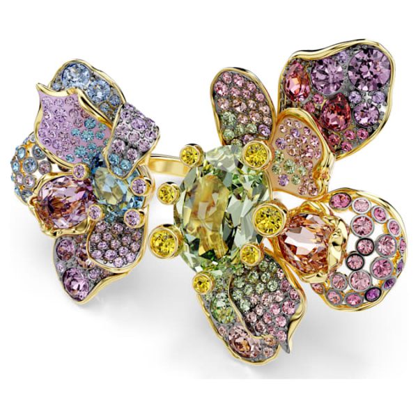 Idyllia ring Mixed cuts, Pavé, Flower, Multicolored, Gold-tone plated - Image 2
