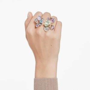 Idyllia ring Mixed cuts, Pavé, Flower, Multicolored, Gold-tone plated