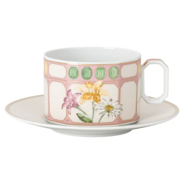 Idyllia teacup with saucer Porcelain, Crystal print motif, Bouquet, Multicolored
