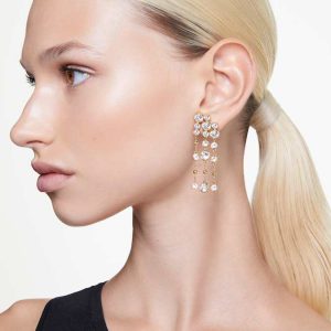Imber drop earrings Round cut, Chandelier, White, Gold-tone plated