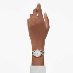 Imber oval watch Swiss Made, Leather strap, Green, Rose gold-tone finish