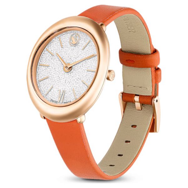 Imber oval watch Swiss Made, Leather strap, Orange, Rose gold-tone finish - Image 3