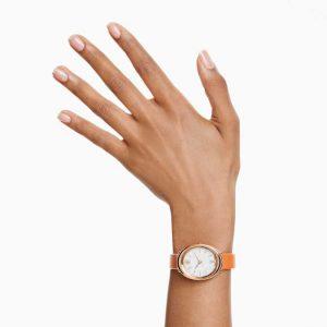 Imber oval watch Swiss Made, Leather strap, Orange, Rose gold-tone finish