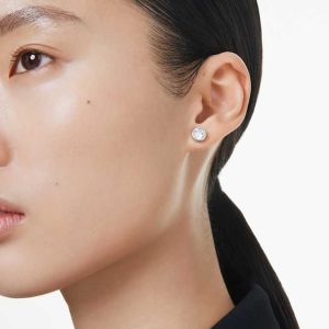 Imber stud earrings Round cut, White, Rhodium plated