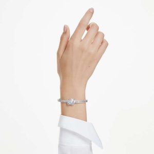Matrix bangle Baguette cut, Knot, White, Rhodium plated