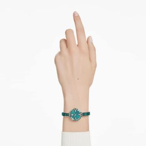 Matrix bangle watch Swiss Made, Crystal bracelet, Green, Champagne gold-tone finish