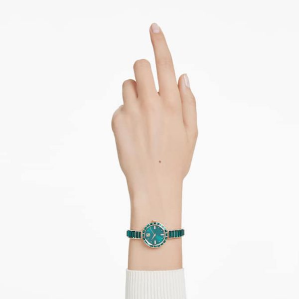 Matrix bangle watch Swiss Made, Crystal bracelet, Green, Champagne gold-tone finish