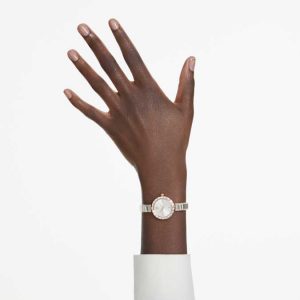 Matrix bangle watch Swiss Made, Crystal bracelet, White, Rose gold-tone finish